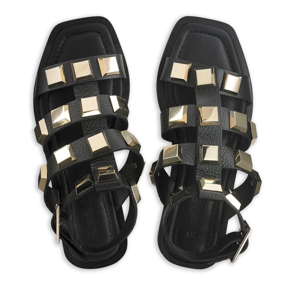 Black / Gold Russell And Bromley Titan Pyramid Stud Gladiator Women's Flat Sandals | CA-6295C