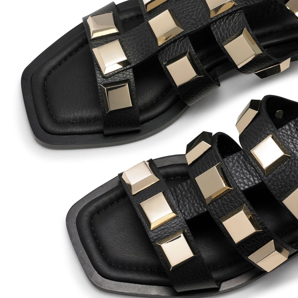 Black / Gold Russell And Bromley Titan Pyramid Stud Gladiator Women's Flat Sandals | CA-6295C