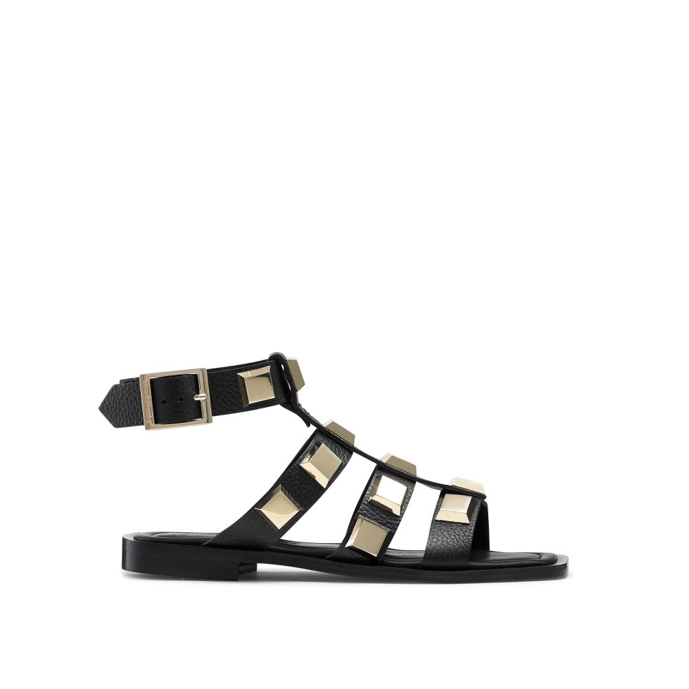Black / Gold Russell And Bromley Titan Pyramid Stud Gladiator Women\'s Flat Sandals | CA-6295C