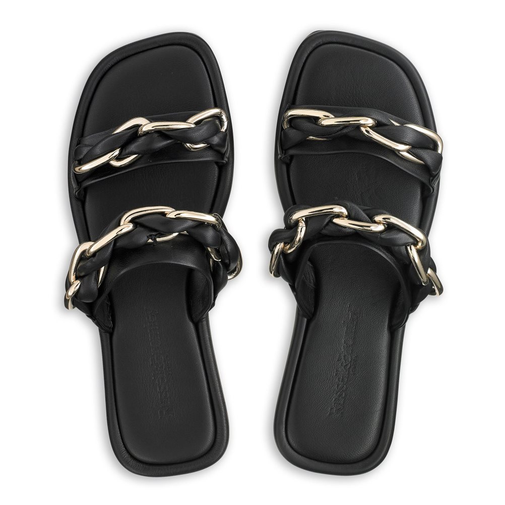 Black Russell And Bromley Chain Mail Chain Two Strap Women's Flat Sandals | CA-1254C