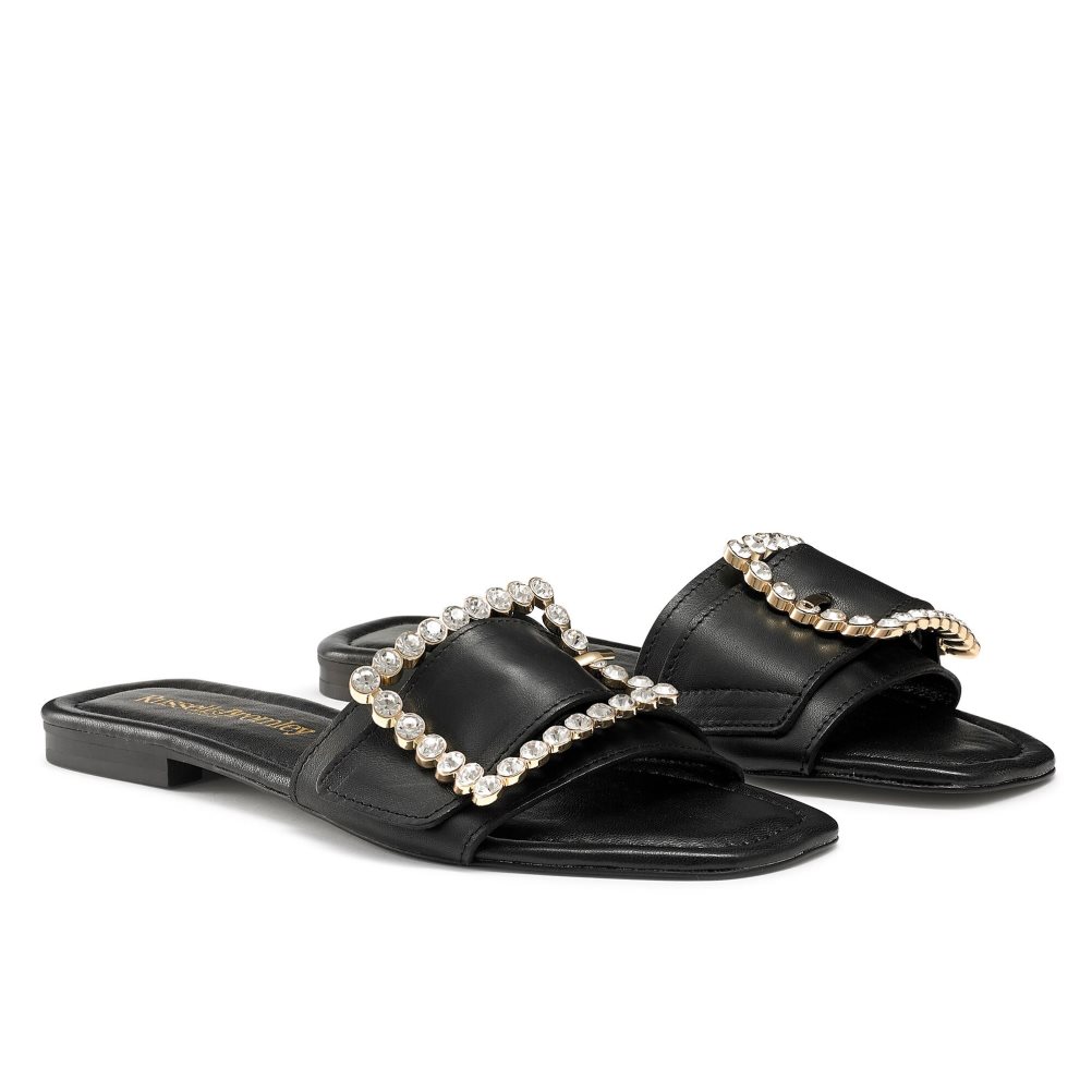 Black Russell And Bromley Cindy Jewelled Buckle Women's Flat Sandals | CA-1594E