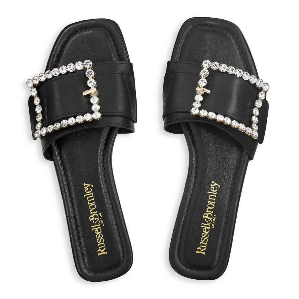 Black Russell And Bromley Cindy Jewelled Buckle Women's Flat Sandals | CA-1594E