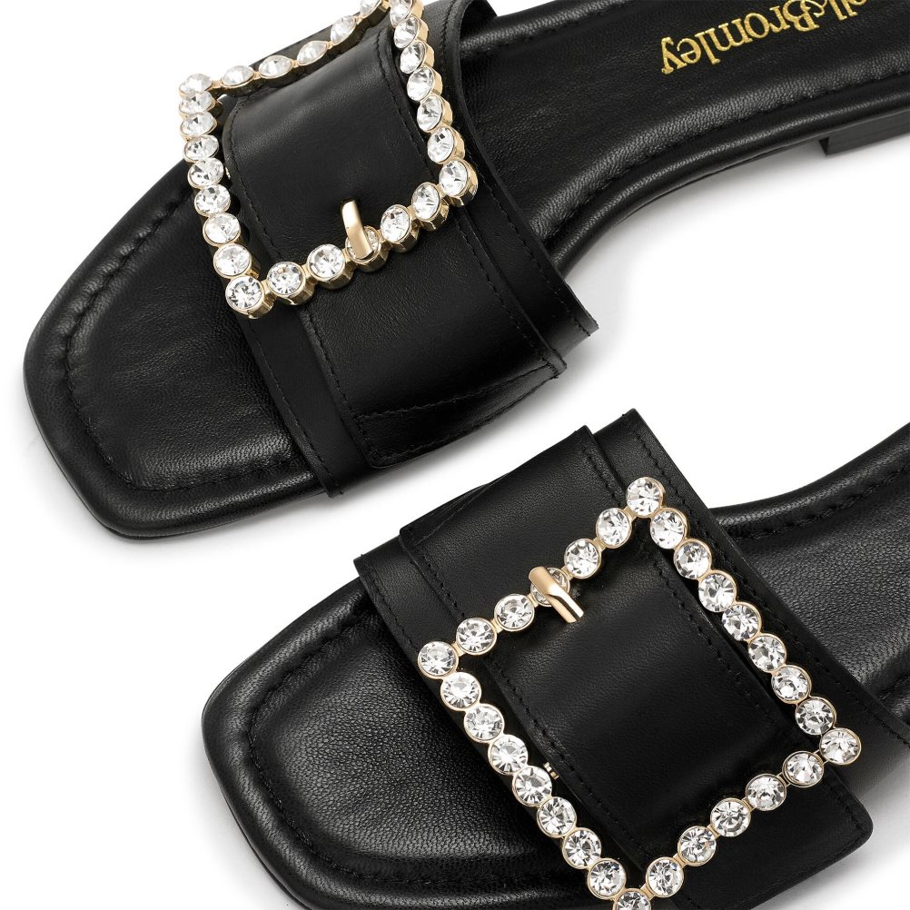 Black Russell And Bromley Cindy Jewelled Buckle Women's Flat Sandals | CA-1594E