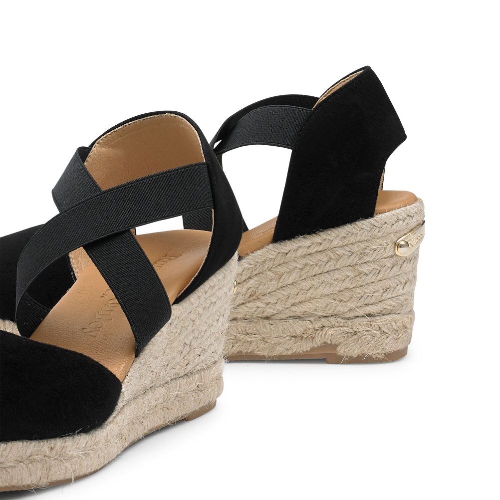 Black Russell And Bromley Coco-cross Elastic Espadrille Women's Wedges | CA-0487V