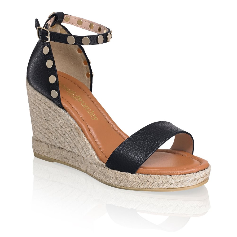 Black Russell And Bromley Coin Spin Stud Espadrille Women's Wedges | CA-8104S