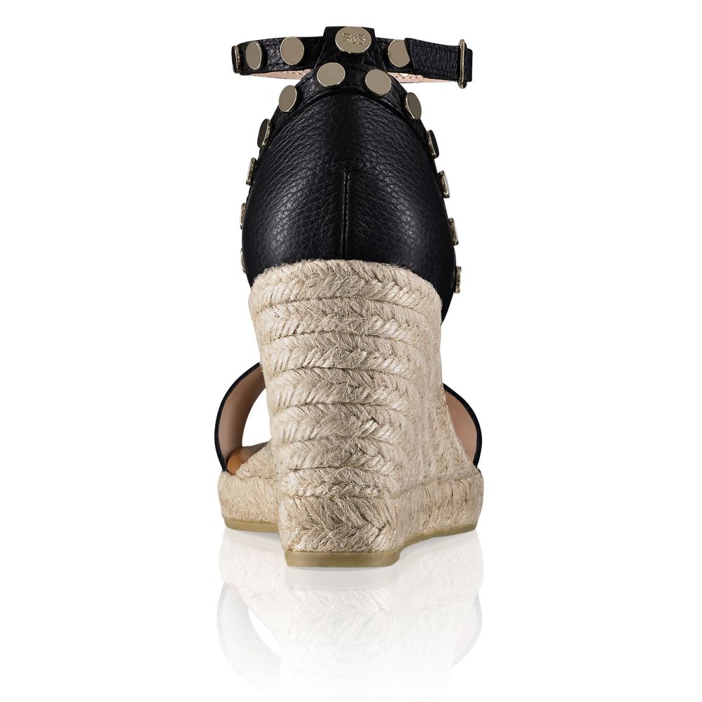 Black Russell And Bromley Coin Spin Stud Espadrille Women's Wedges | CA-8104S