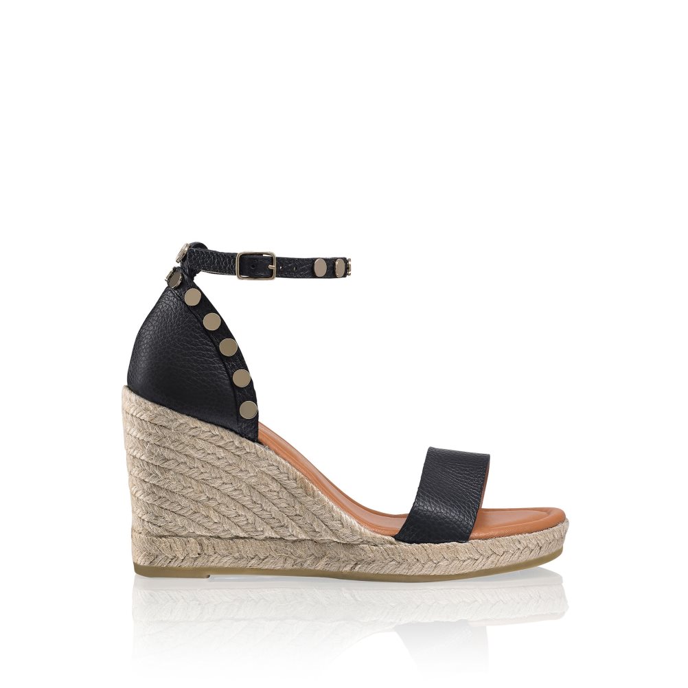 Black Russell And Bromley Coin Spin Stud Espadrille Women\'s Wedges | CA-8104S