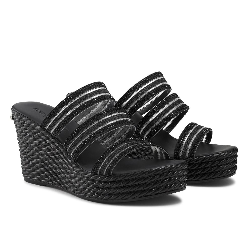 Black Russell And Bromley Cosmic Triple Strap Women's Wedges | CA-7298W