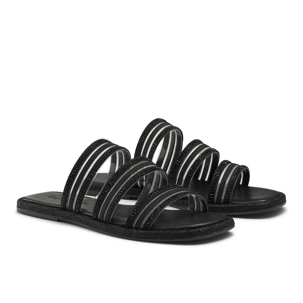 Black Russell And Bromley Cosmical Embellished Women's Flat Sandals | CA-0725M