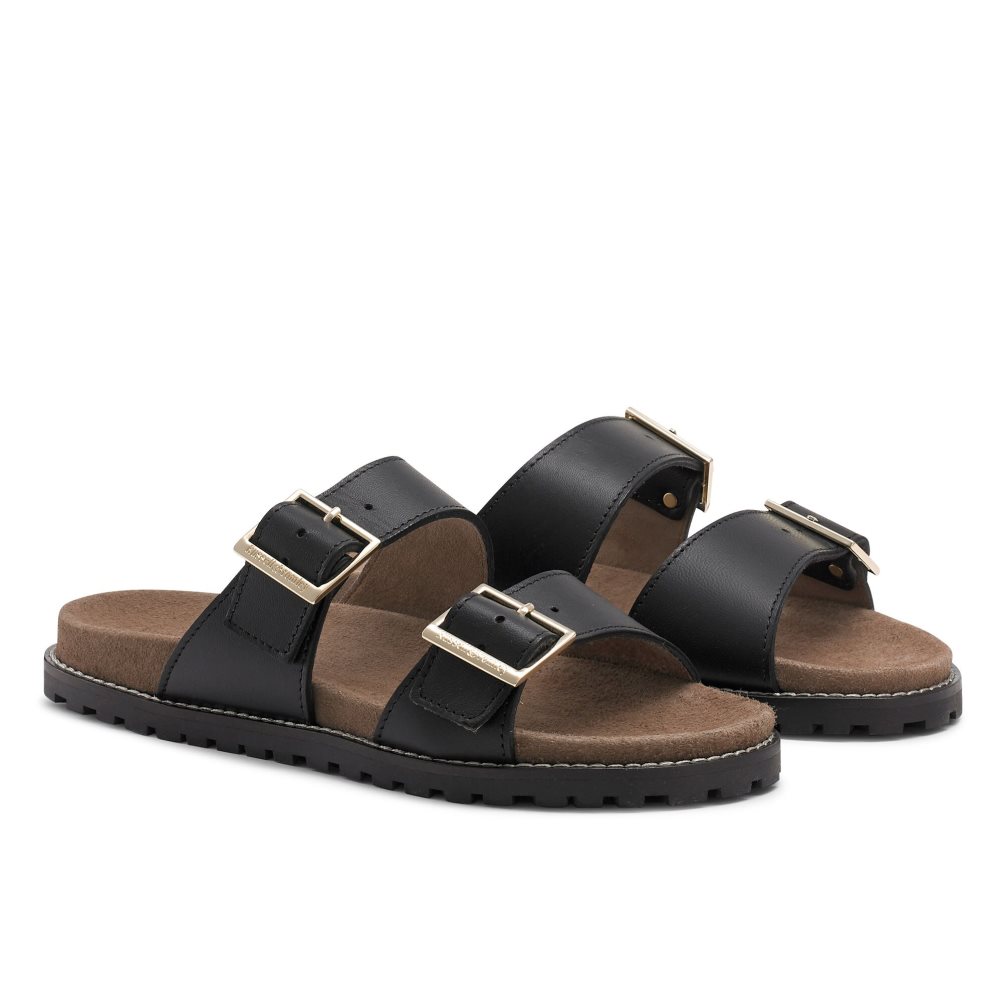 Black Russell And Bromley Double Buckle Women's Slippers | CA-6750H