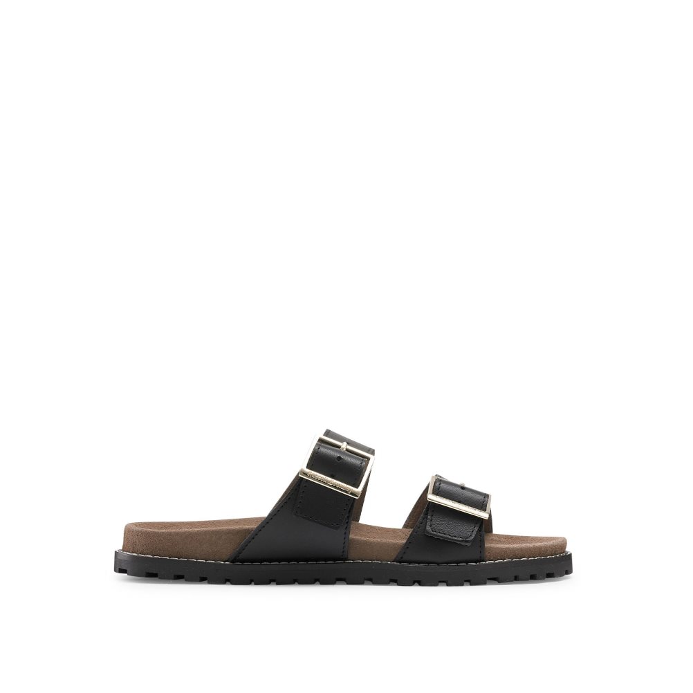 Black Russell And Bromley Double Buckle Women\'s Slippers | CA-6750H