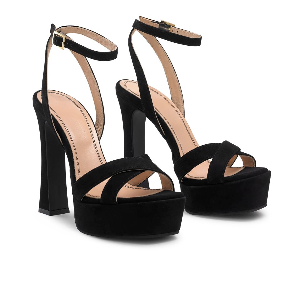 Black Russell And Bromley Far Out Cross Strap Platform Women's Heels Sandals | CA-3142K