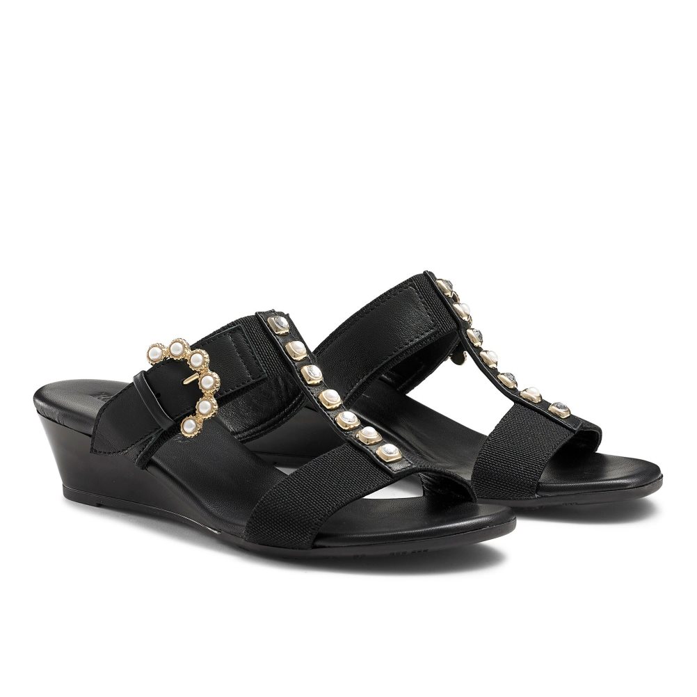 Black Russell And Bromley Orbit Pearl Embellished Women's Wedges | CA-3294O