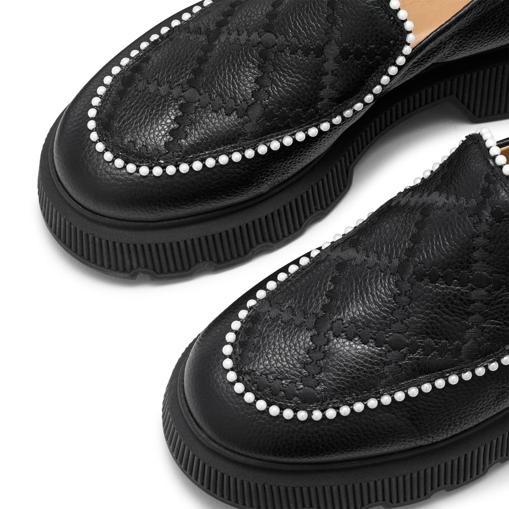 Black Russell And Bromley Patchwork Chunky Pearl Women's Loafers | CA-2103L