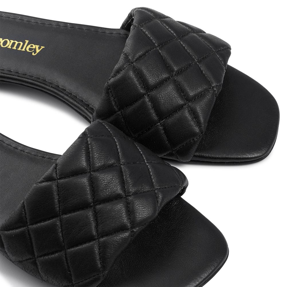 Black Russell And Bromley Quilted Women's Flat Sandals | CA-3208G