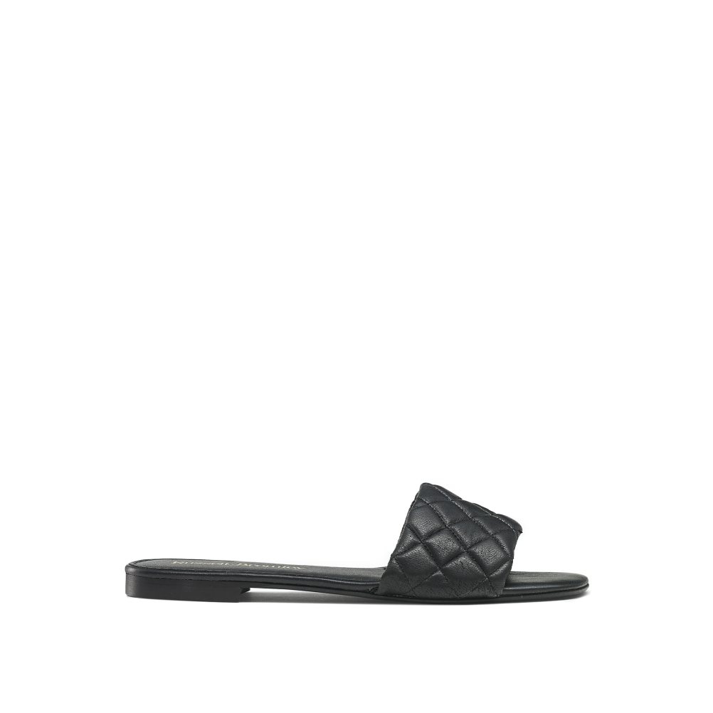 Black Russell And Bromley Quilted Women\'s Flat Sandals | CA-3208G