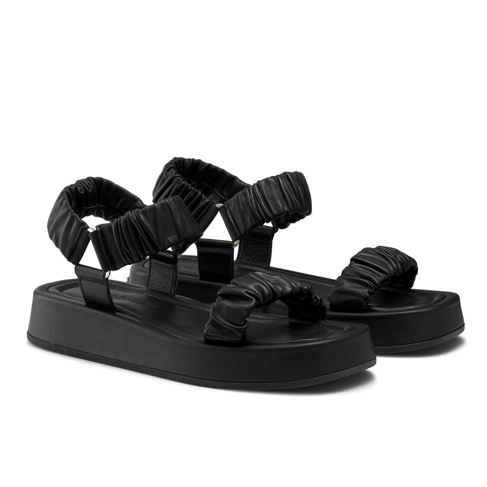 Black Russell And Bromley Scrunch Up Ruched Two Part Women's Flat Sandals | CA-3285B