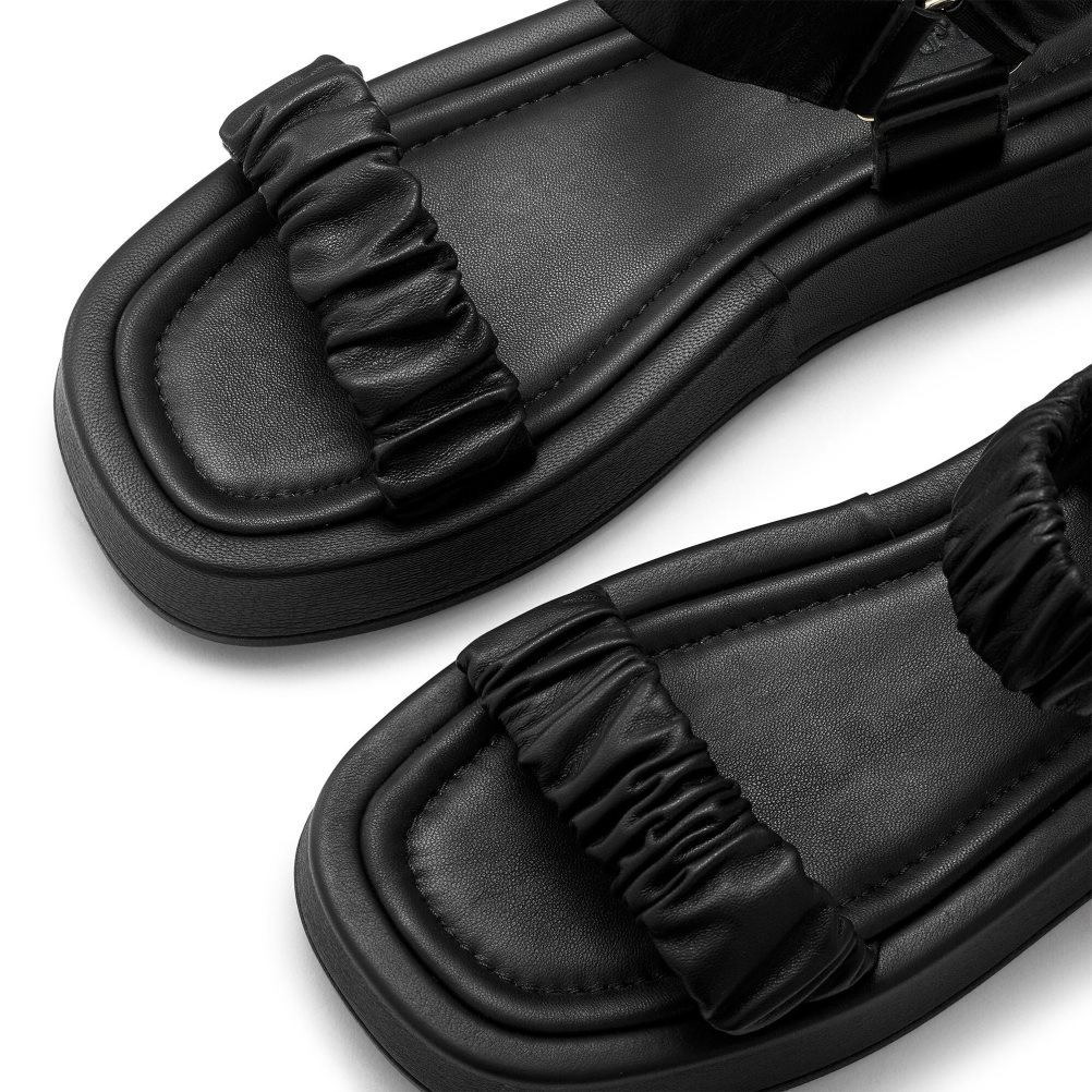 Black Russell And Bromley Scrunch Up Ruched Two Part Women's Flat Sandals | CA-3285B