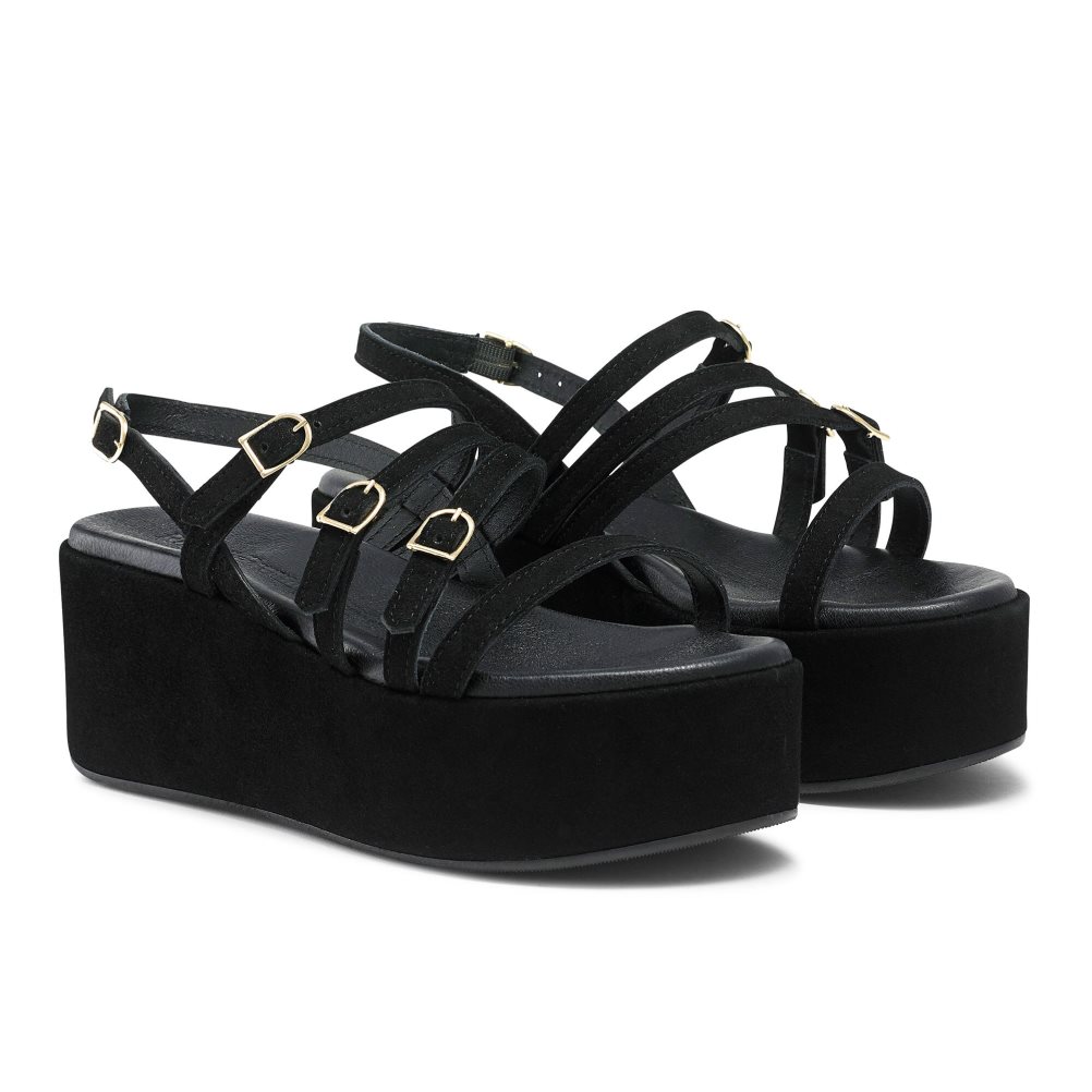 Black Russell And Bromley Sunshine Buckle Women's Wedges | CA-6258N