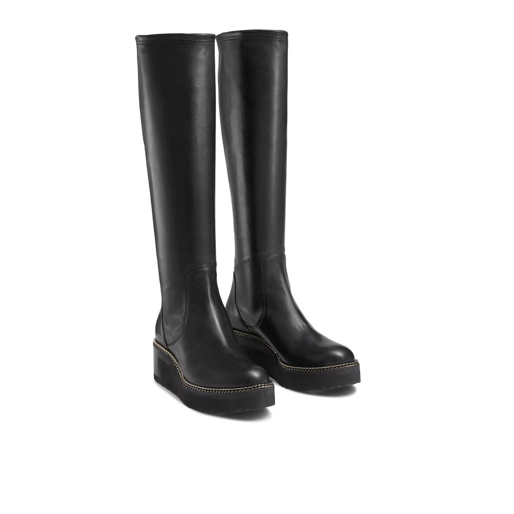 Black Russell And Bromley Uptight Stretch Wedge Women's Knee-high Boots | CA-6932Z