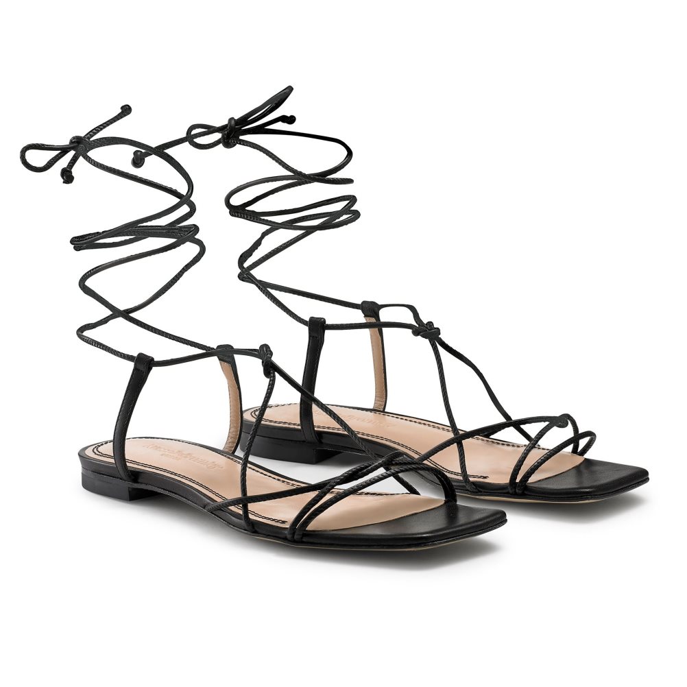 Black Russell And Bromley Wasabi Ankle Tie Women's Flat Sandals | CA-2503S