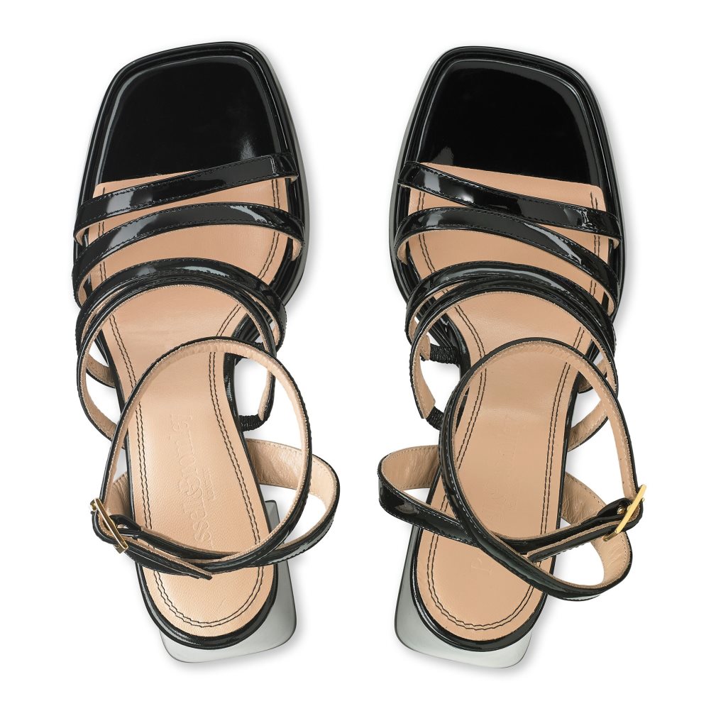 Black Russell And Bromley Yeahbaby Strappy Flared Platform Women's Heels Sandals | CA-3470I