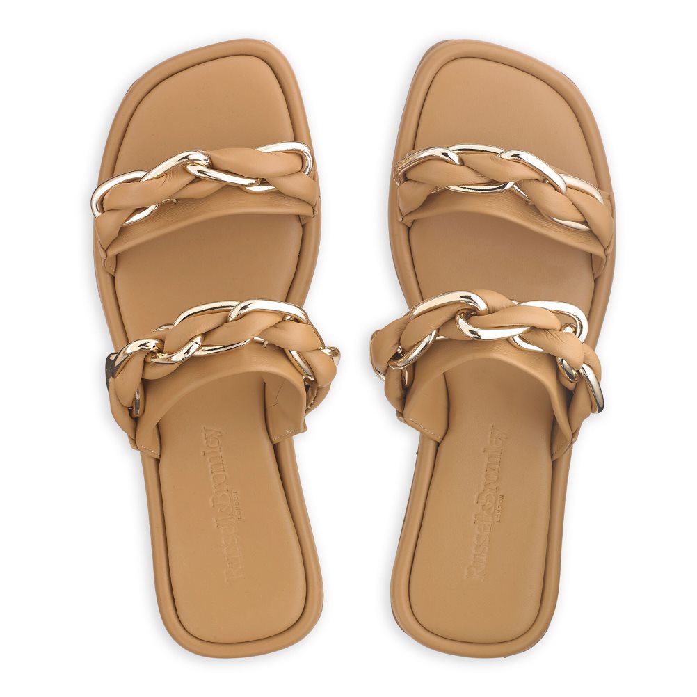 Brown Russell And Bromley Chain Mail Chain Two Strap Women's Flat Sandals | CA-2150X