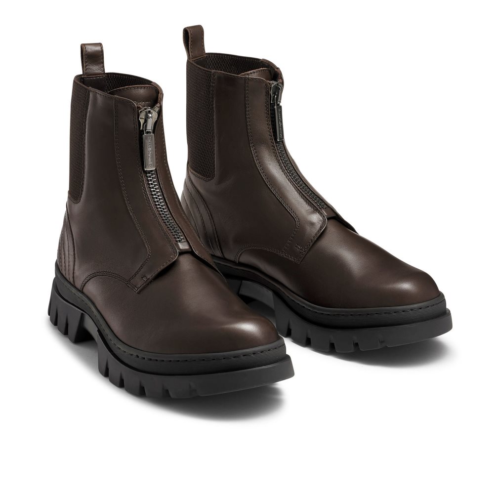 Chocolate Russell And Bromley Zip Wire Dryleks Zip Up Men's Ankle Boots | CA-5361X