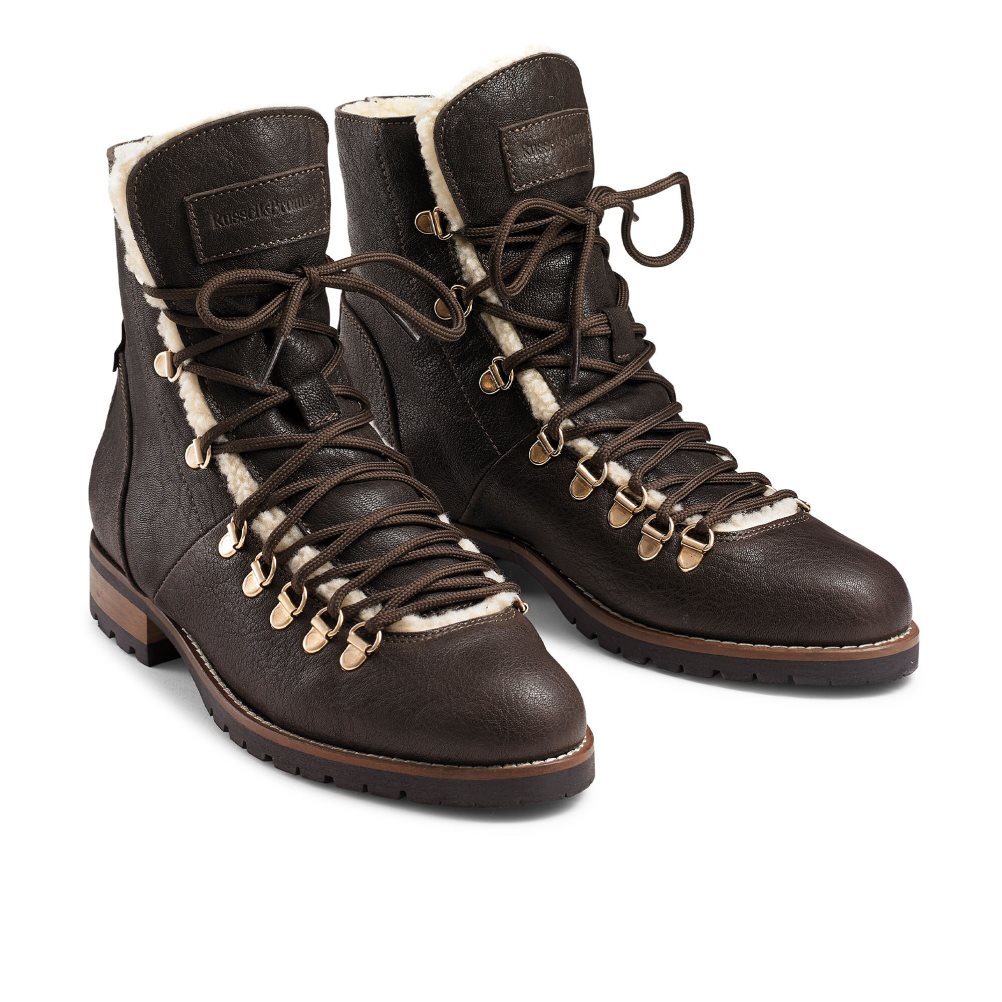 Dark Brown Russell And Bromley Bear Warm Lined Lace Up Women's Ankle Boots | CA-7359U