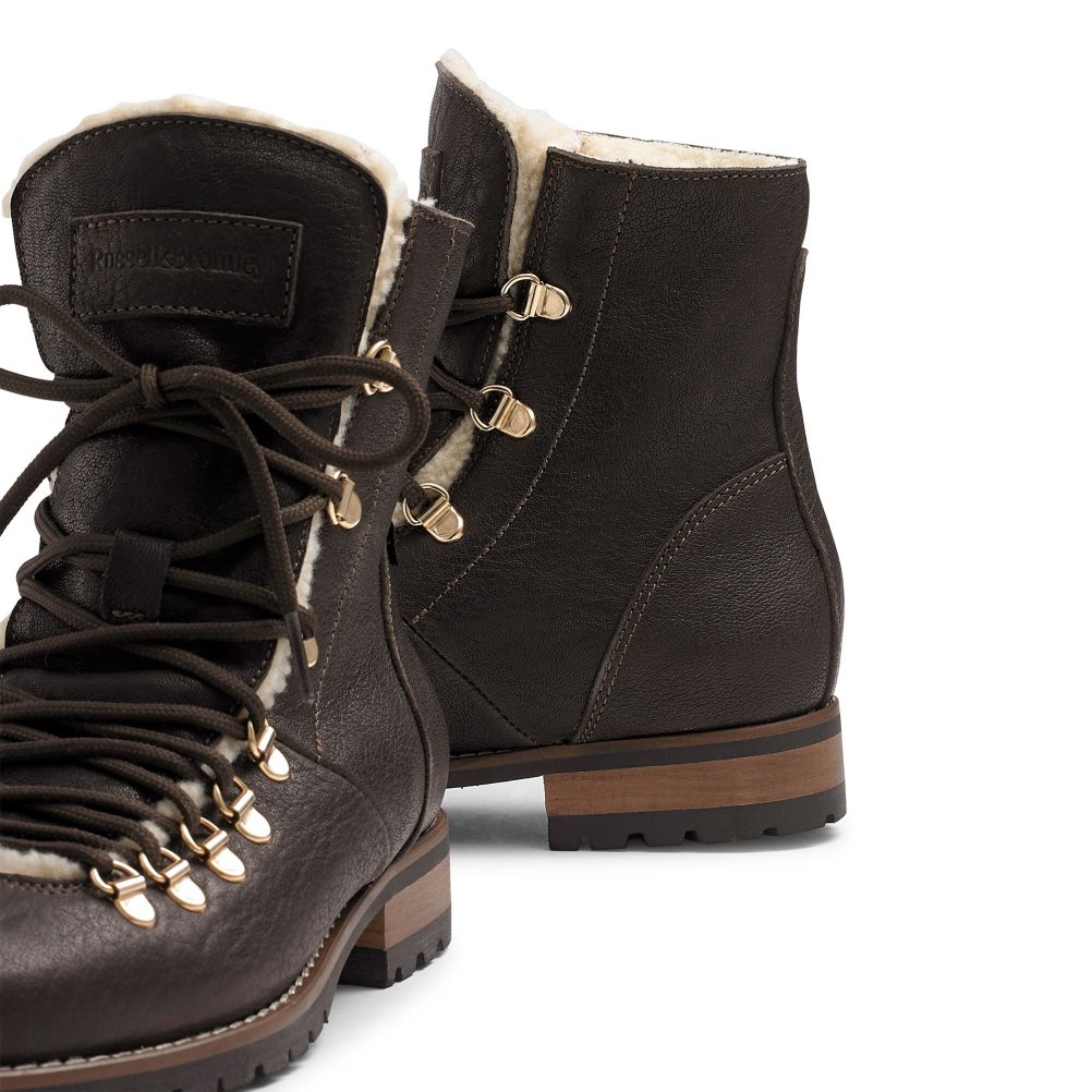 Dark Brown Russell And Bromley Bear Warm Lined Lace Up Women's Ankle Boots | CA-7359U
