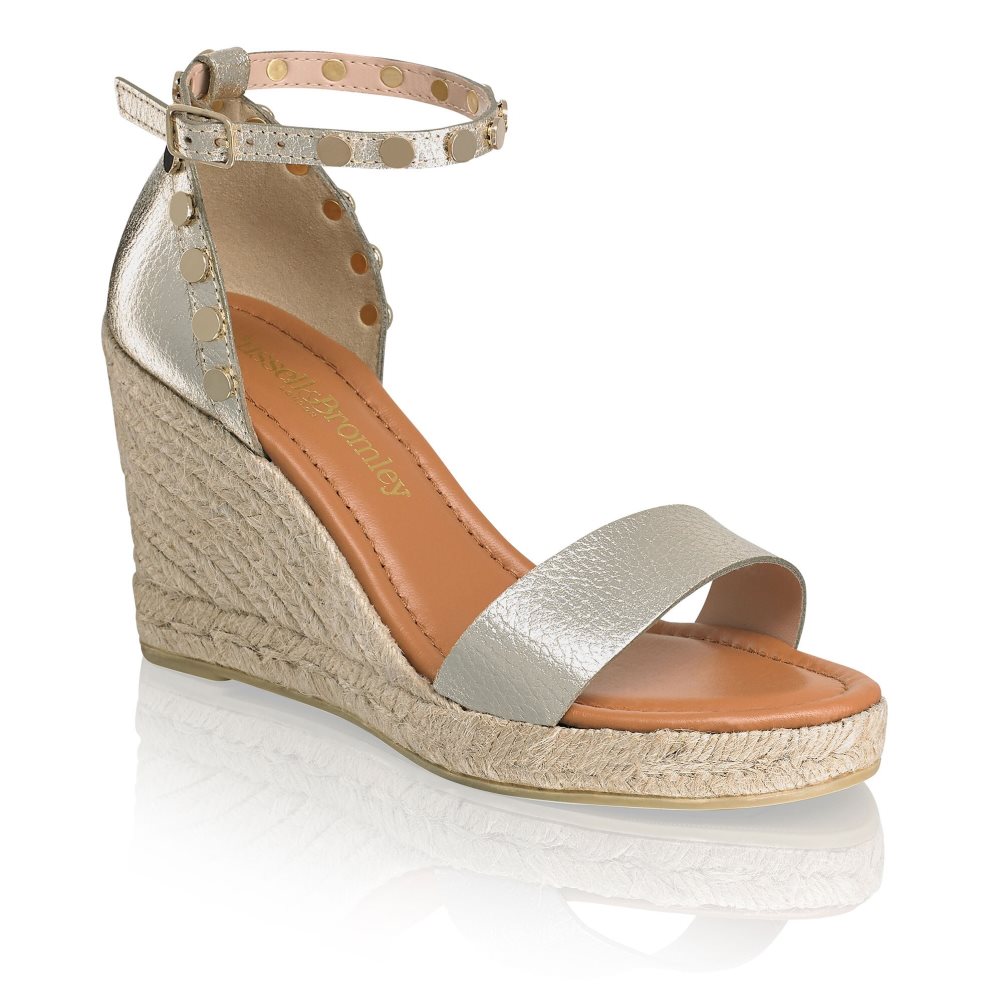 Gold Russell And Bromley Coin Spin Stud Espadrille Women's Wedges | CA-8061O