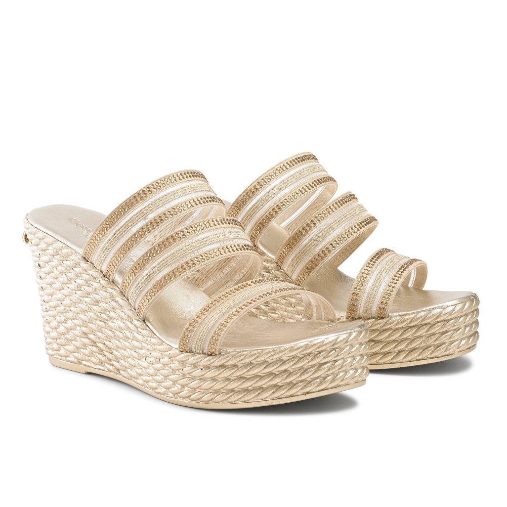 Gold Russell And Bromley Cosmic Triple Strap Women's Wedges | CA-6183C