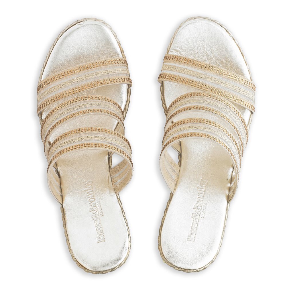 Gold Russell And Bromley Cosmic Triple Strap Women's Wedges | CA-6183C