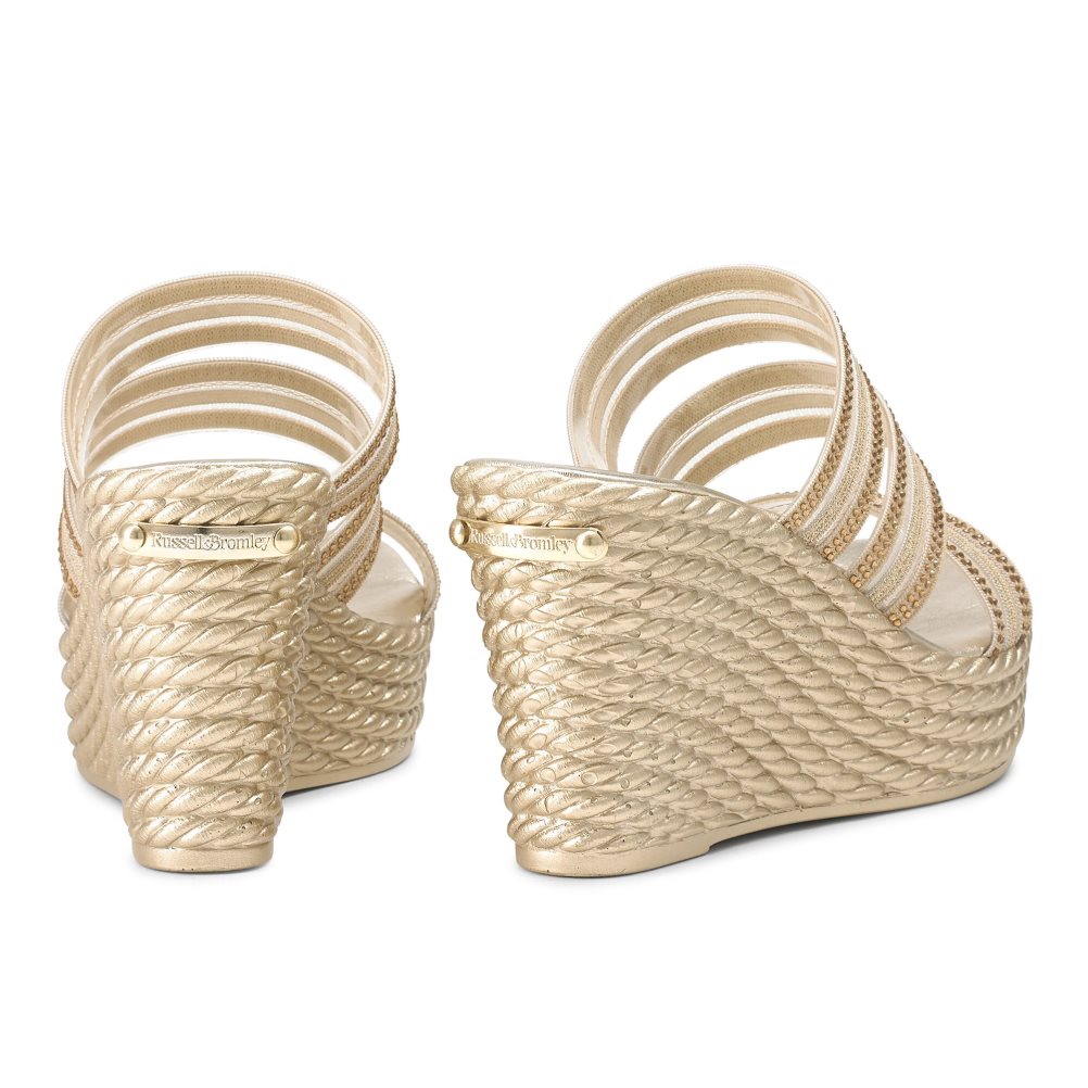 Gold Russell And Bromley Cosmic Triple Strap Women's Wedges | CA-6183C
