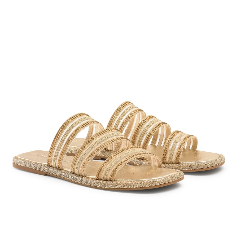 Gold Russell And Bromley Cosmical Embellished Women's Flat Sandals | CA-7961T