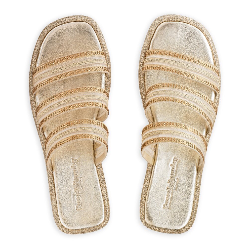 Gold Russell And Bromley Cosmical Embellished Women's Flat Sandals | CA-7961T
