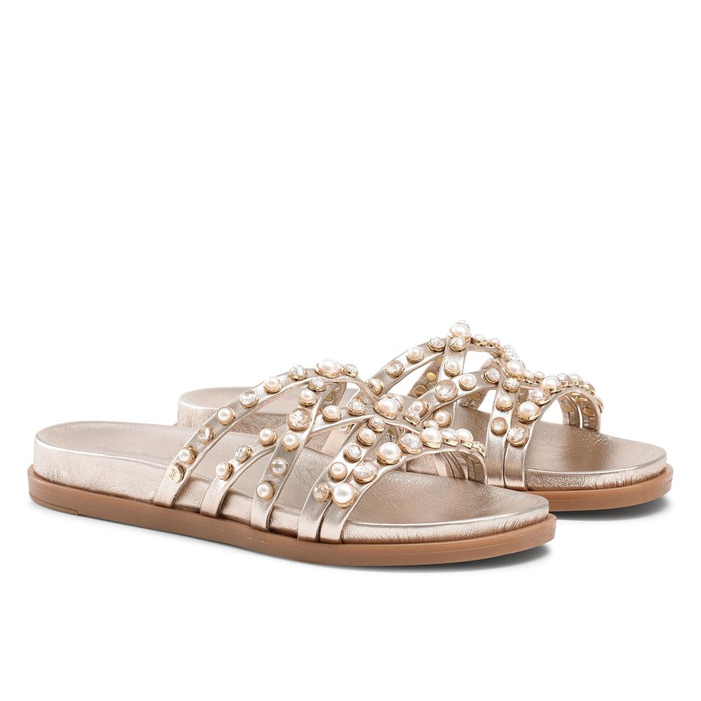 Gold Russell And Bromley Fancy Embellished Women's Flat Sandals | CA-0482J