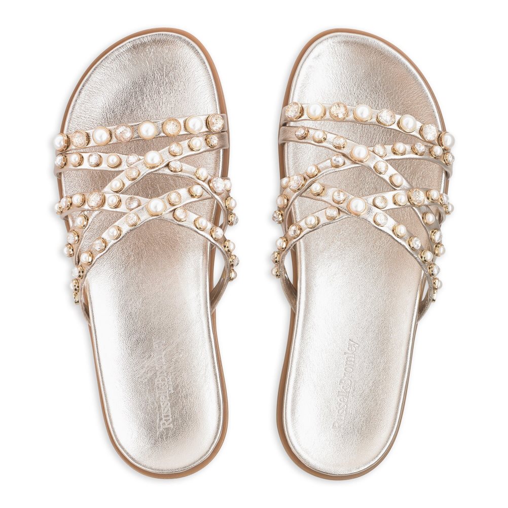 Gold Russell And Bromley Fancy Embellished Women's Flat Sandals | CA-0482J