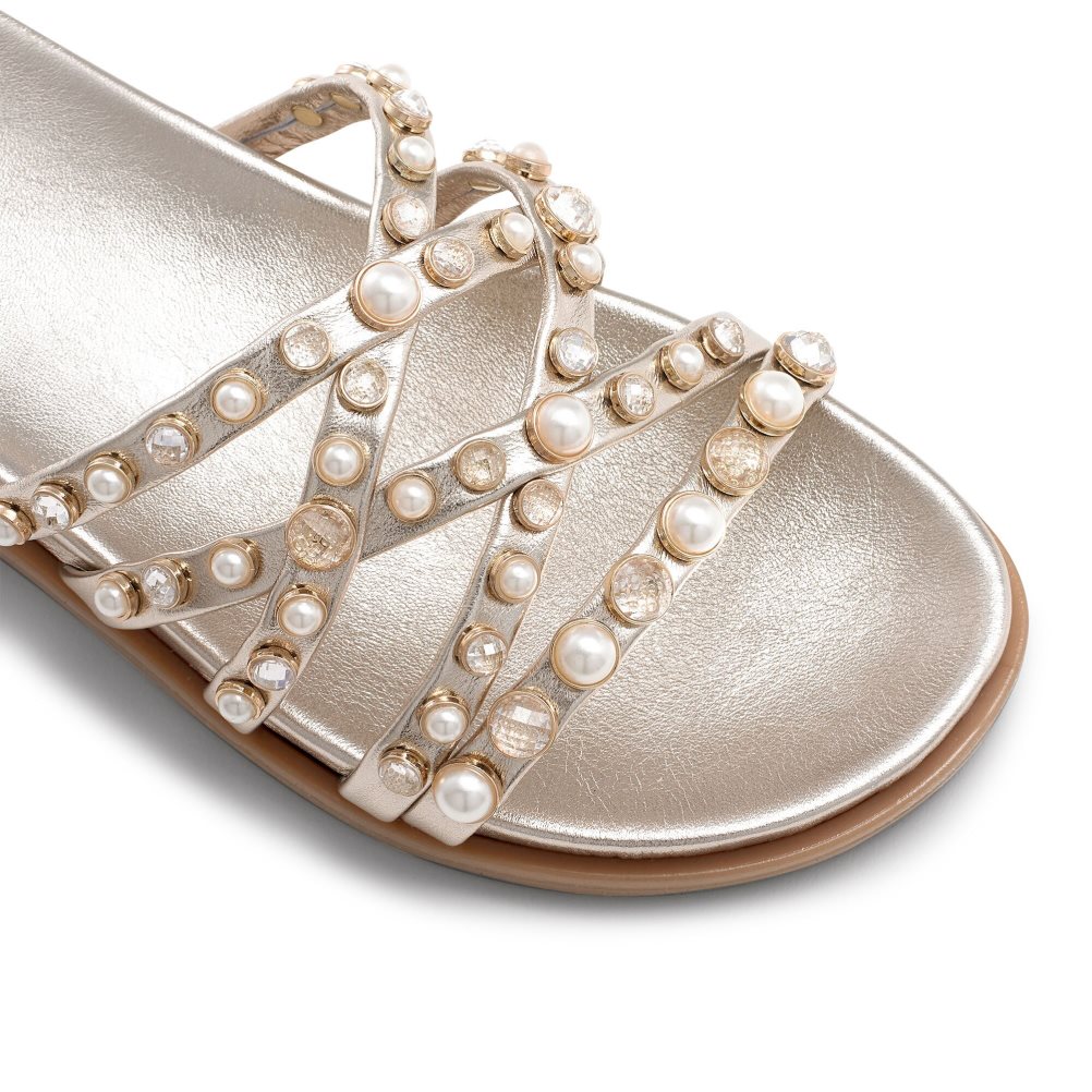 Gold Russell And Bromley Fancy Embellished Women's Flat Sandals | CA-0482J