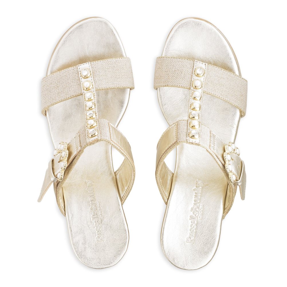 Gold Russell And Bromley Orbit Pearl Embellished Women's Wedges | CA-9086C