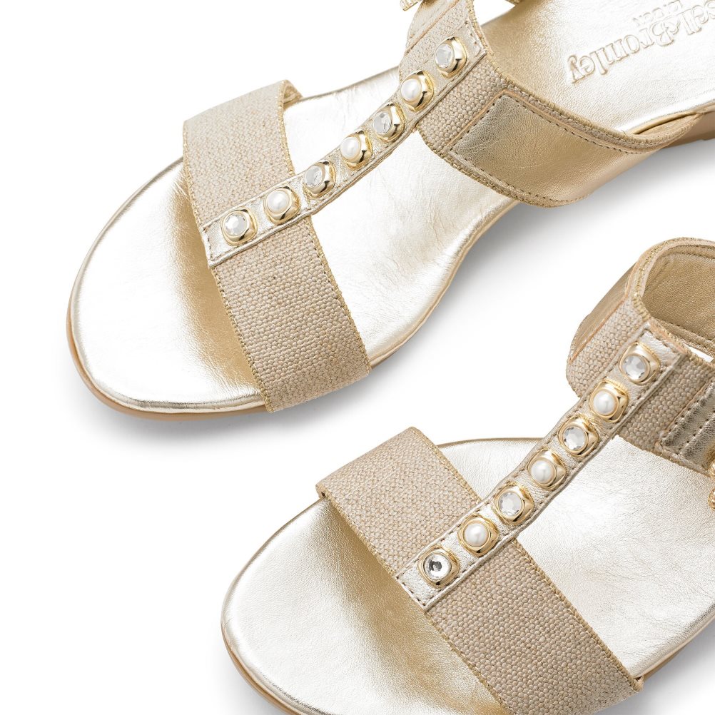 Gold Russell And Bromley Orbit Pearl Embellished Women's Wedges | CA-9086C