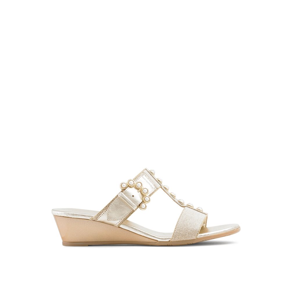 Gold Russell And Bromley Orbit Pearl Embellished Women\'s Wedges | CA-9086C