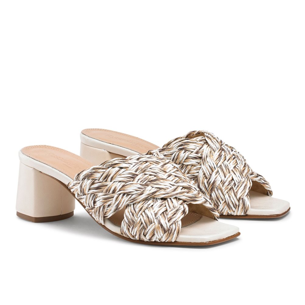 Light Brown Russell And Bromley Kiss Me Raffia Block Women's Mules | CA-5921U