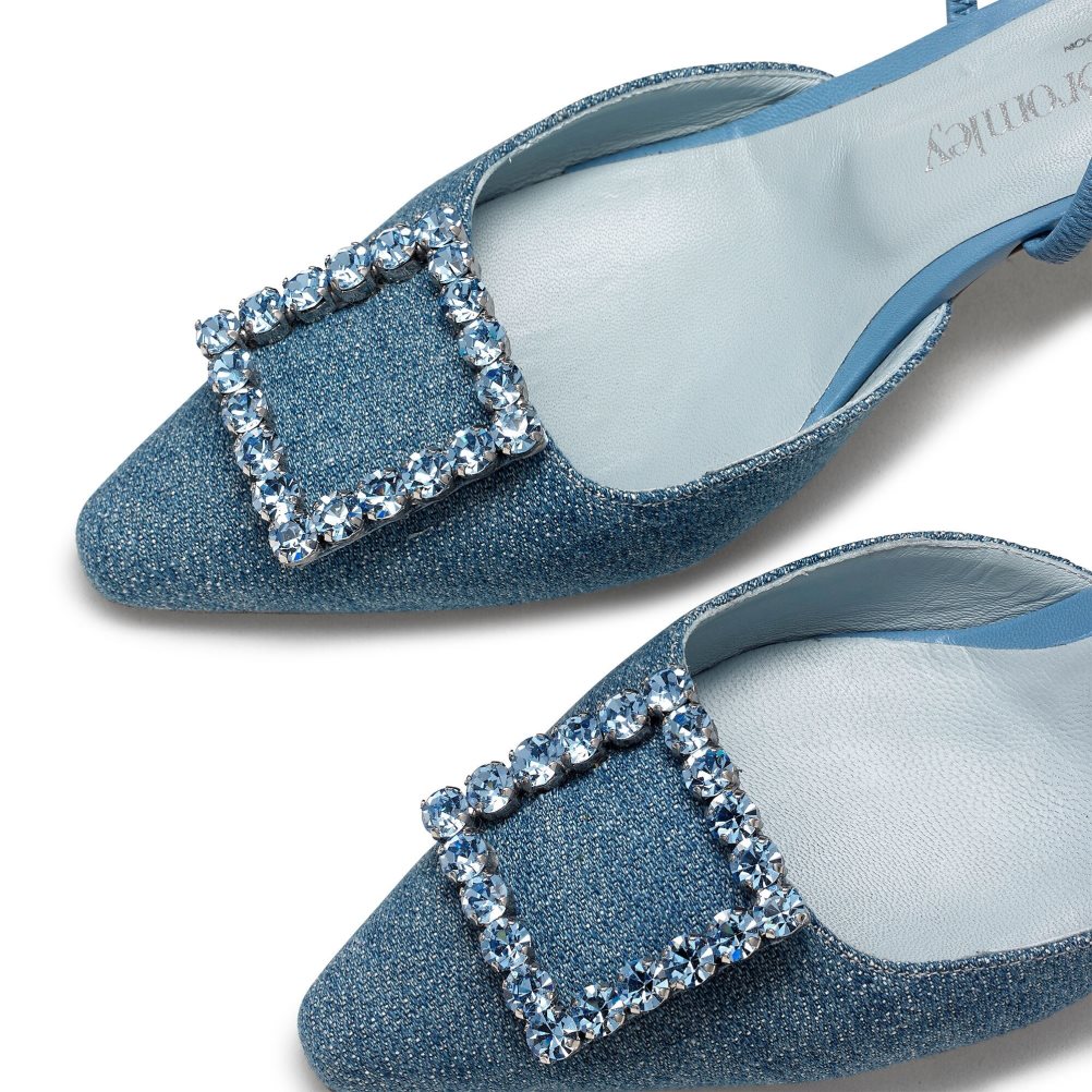 Navy Russell And Bromley Fairytale Slingback Gem Kitten Women's Heels Sandals | CA-4716F