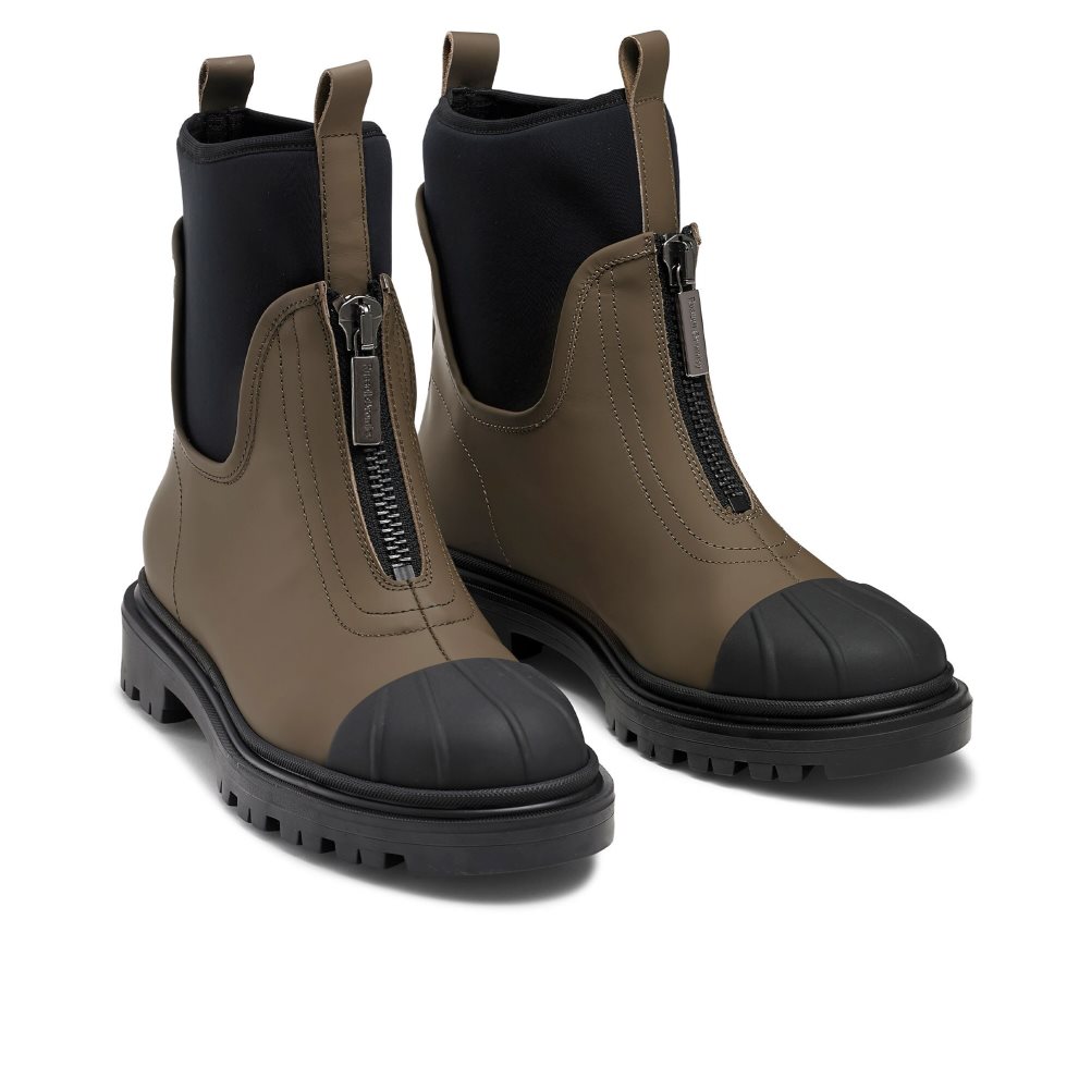 Olive / Black Russell And Bromley Rambler Dryleks Zip Front Stomper Women's Ankle Boots | CA-4258K