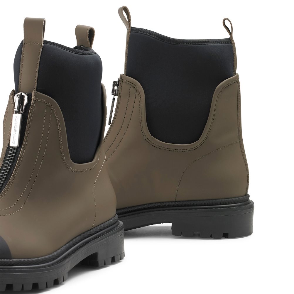 Olive / Black Russell And Bromley Rambler Dryleks Zip Front Stomper Women's Ankle Boots | CA-4258K