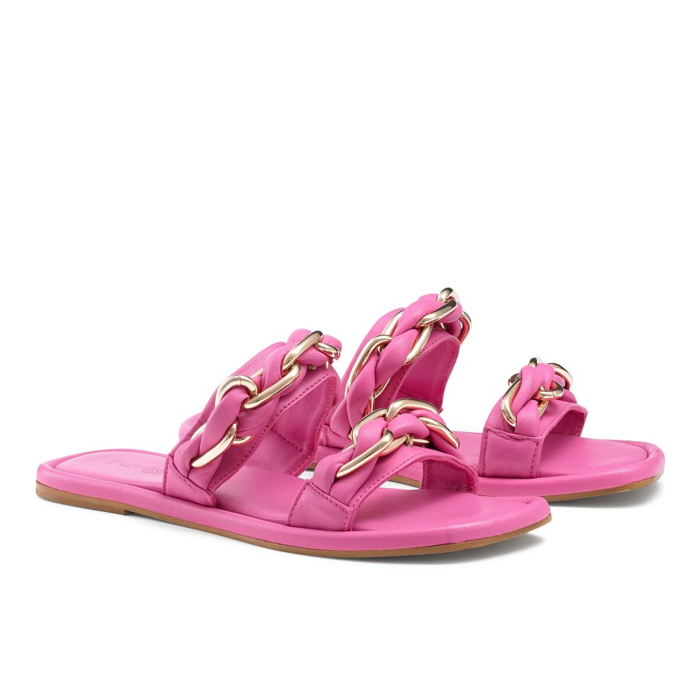 Pink Russell And Bromley Chain Mail Chain Two Strap Women's Flat Sandals | CA-3620E