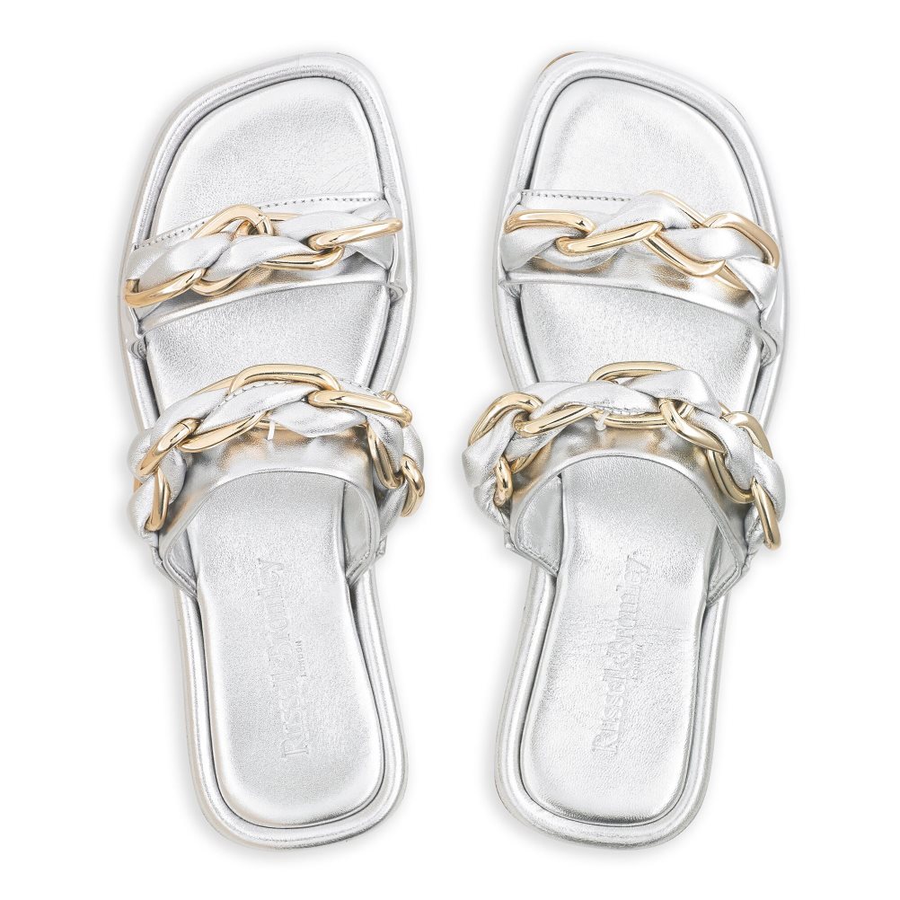 Silver Russell And Bromley Chain Mail Chain Two Strap Women's Flat Sandals | CA-6174B