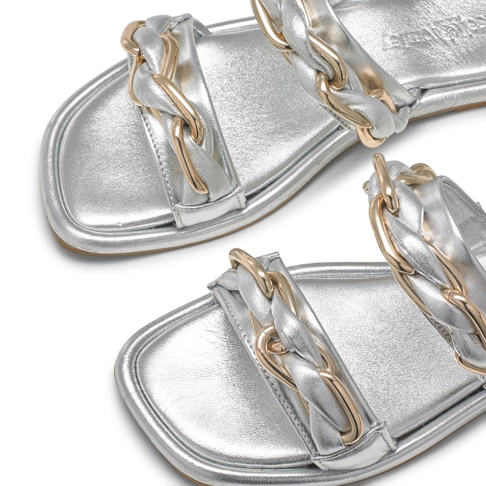Silver Russell And Bromley Chain Mail Chain Two Strap Women's Flat Sandals | CA-6174B
