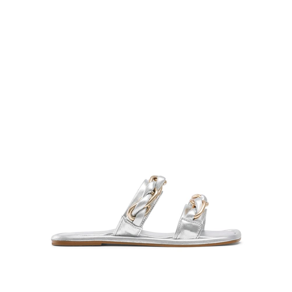 Silver Russell And Bromley Chain Mail Chain Two Strap Women\'s Flat Sandals | CA-6174B